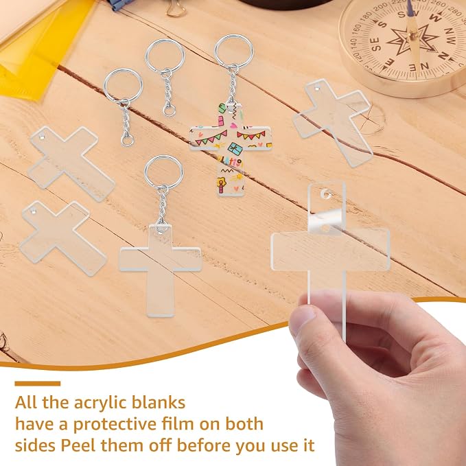 Acrylic Keychain Blanks Kit,24Clear Cross Acrylic Blank with Hole 24 Key Rings with Chains and 24 Jump Rings Clear Ornament Blanks Bulk for DIY Keychains Vinyl Crafts Jewelry Labels Gifts Packaging