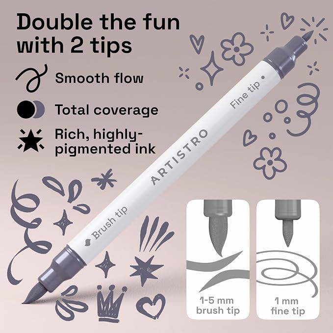 ARTISTRO 5 Gray Tones Dual-Tip Acrylic Paint Marker Pens for Drawing | For Fabric, Rock, Glass, Wood, & Molds, Arts & Crafts Gift for Adults, Teens, & Kids, Classroom Must Haves & School Supplies