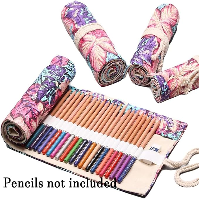 DIYOMR 24/36/72 Slots Pencil Wrap Pencil Rolls, Artist Colored Pencils Roll Up Bag Short Brushes Pouch Case Pencils Organizer for Drawing Coloring and Sketching,No Pencils (Maple Leaves, 36slots)