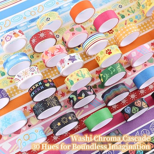 icceemee 30 Rolls Colorful Theme Washi Tape Set with Different Colorful Patterns, Writable Decorative Tapes for Scrapbooking, Junk Journal Supplies, Bullet Journaling, 0.6'' x 79'' per Roll