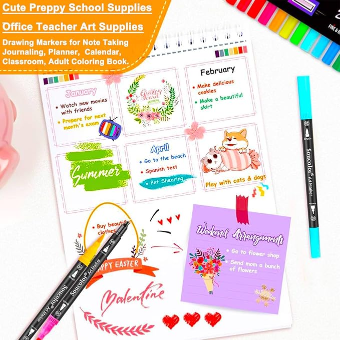 Soucolor 36 Dual Tip Brush Markers, Water-Based Art Pens, Adult Coloring | 36 Color Dual Tip Markers with Brush & Fine Point for Adult Coloring Books, Hand Lettering, Journaling & Drawing Pens