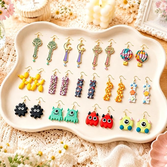 14Pcs Polymer Clay Cutters, Clay Earring Cutters Plastic Clay Jewelry Cutters for Earrings, Hair Clips & Mini Christmas Decorations-Balloon Dog, Hot Air Balloon, Crescent Moon, Monster, Magic Wand
