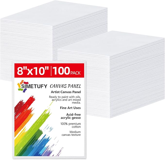 Simetufy 100 Pack 8x10 Bulk Small Canvas Boards for Painting Value Pack | Flat Canvas Panels 100% Cotton for Gouache Watercolor Acrylic Oil Paint, for Art Class & Party