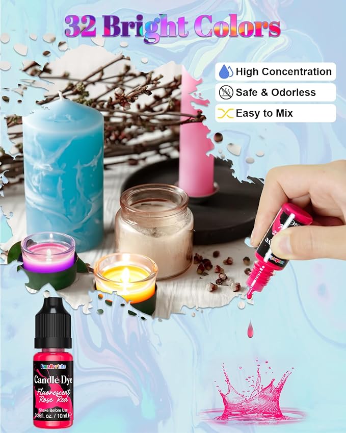 FansArriche Candle Dye - 32 Colors Liquid Oil-Based Dye for Candle Wax | Highly Concentrated, Natural Candle Color for DIY Candle Making