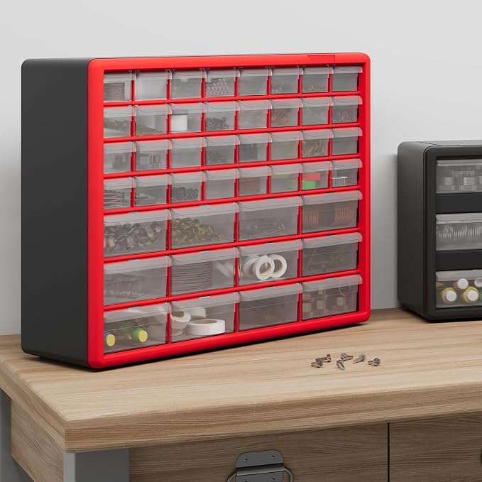 Akro-Mils 44-Drawer Plastic Storage Cabinet, 20" W x 6" D x 16" H, Red | Plastic Cabinet w/ Drawers for Garage Organization, Beads, Building Bricks Storage, Teacher Toolbox, Makeup Organizer, 10144