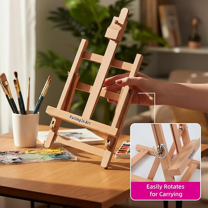 Falling in Art Kids Tabletop Easel Set, Portable Art Easel Painting Kits | 52 Pcs Wooden Easel for Painting Canvases, Including 12 Colors Acrylic Paints, 10 Paintbrushes and 4 Canvas Panels, Pink