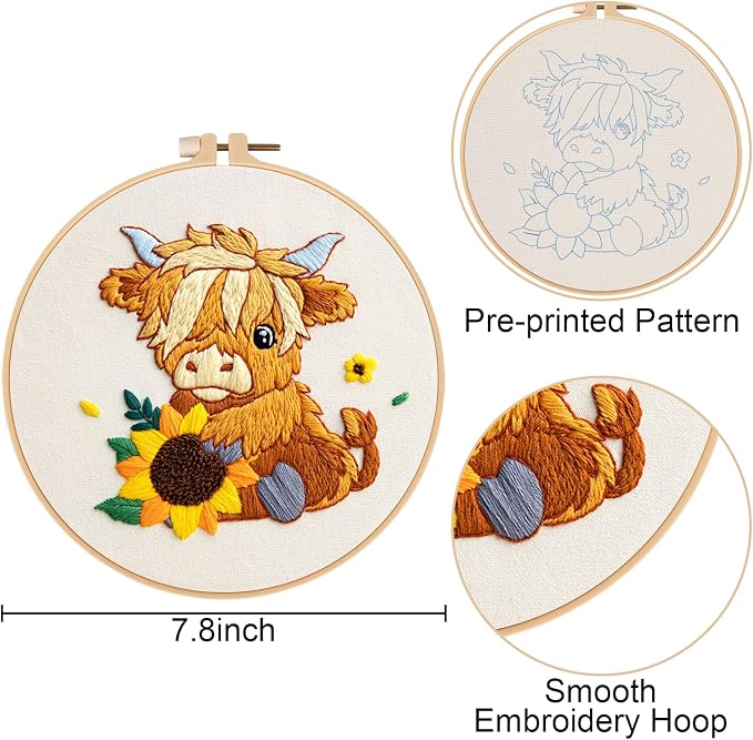Nuberlic 3 Pack Embroidery Kit for Beginners, Highland Cow Embroidery Kits