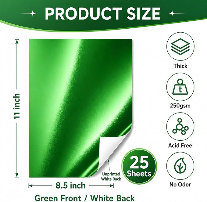 25 Sheets Metallic Grass Green Mirror Cardstock Paper 8.5 x 11 Shimmer Sheets 250gsm/92lb Heavyweight Scrapbook Paper for Certificates, Invitations, Greeting Cards, Crafts, Graduations
