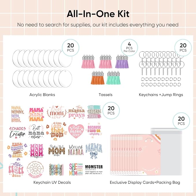 YOPPIX 140 PCS Acrylic Keychain Blank Set, Mama Double-Sided UV DTF Stickers Acrylic Keychain Making Kits for Vinyl DIY Craft Project