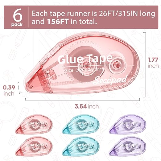 Secopad 6 Pack Scrapbook Tape, Double Sided Tape Roller for Crafts, Adhesive Glue Runner for Scrapbooking Journal Supplies, Glue Roller for School Office, 0.3IN x 26FT, Light-Colored Shell