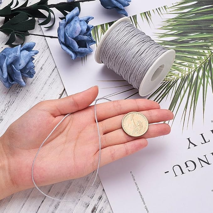 PandaHall 1 Roll 1mm Waxed Cotton Cord Thread Beading String 100 Yards per Roll Spool for Jewelry Making and Macrame Supplies Grey