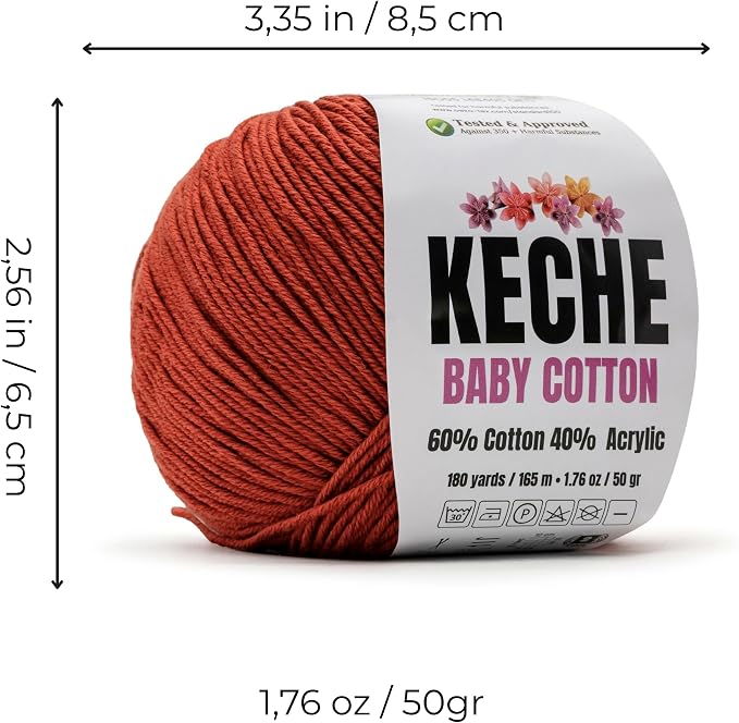 Keche Baby Cotton, 60% Cotton 40% Acrylic Yarn, Soft Cotton Yarn for Crochet and Knitting, Amigurumi Yarn 1 Skein/Ball 1.76 Oz (50g) / 180 Yrds (165m) - Terracotta