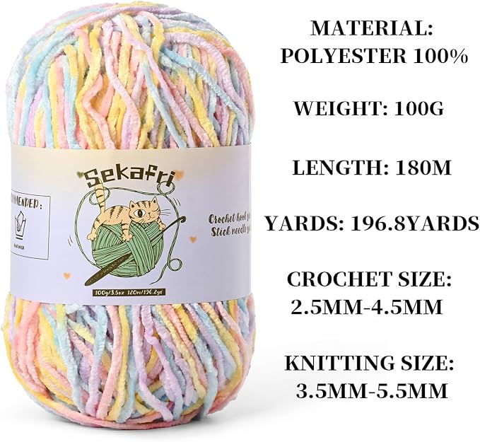 Fuzzy Chenille Yarn for Crocheting, Fluffy Amigurumi Crochet Yarn for DIY Craft/Hat/Shoes, (100g/197yds) Soft Velvet Baby Blanket Yarns(Macaron)