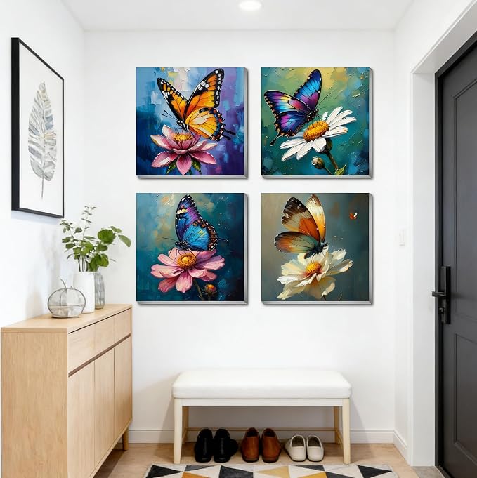 Canrichshop 4 Pack Butterfly Paint by Numbers for Beginner with Frame,Colorful Butterfly Adult Paint-by-Number Kits on Canvas, DIY Number Painting for Adults for Decor 8X 8 inch