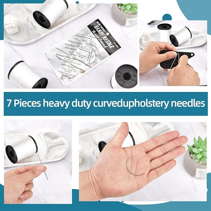 Topus Extra Strong Upholstery Repair Sewing Thread Kit and Heavy Duty Household Hand Needles, Including 7 Styles of Leather Canvas Sewing Needles and 3 Rolls Nylon Thread (70 Yard of Each Roll), White