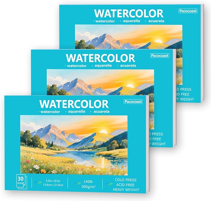 Pacocoast 5.5"x8.5" Bulk Watercolor Pad, Pack of 3 (90 Sheets) 140lb/300gsm