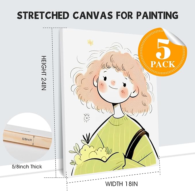 ESRICH Stretched Canvas for Painting 18x24 Inch, 5Pack Large Canvas for Painting, Primed Acid-Free Cotton Blank Canvases, Art Paint Canvases for Oil Paint,Watercolor,Acrylic Paint,Gouache and Tempera.