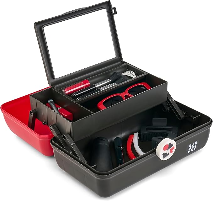Caboodles School Spirit On-The-Go Girl Makeup Box, Red Over Black, Hard Plastic Makeup Organizer Box, Built-In Mirror, Secure Latch for Safe Travel, Spacious Storage for Large Items