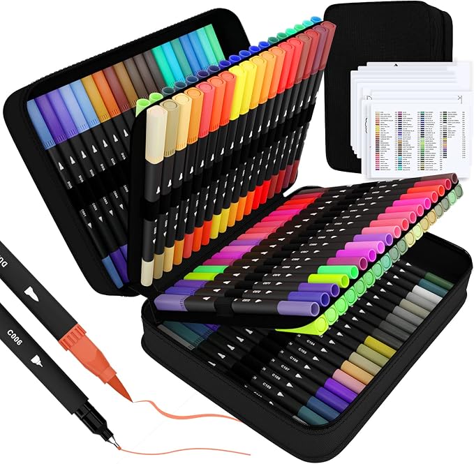 Art Supplier Dual Brush Markers Pens, 110 Artist Coloring Marker Set | Fineliner & Brush Tip Pen with Premium Case, Double Tip Pens for Adults Coloring Books & Journal, Drawing, Doodling