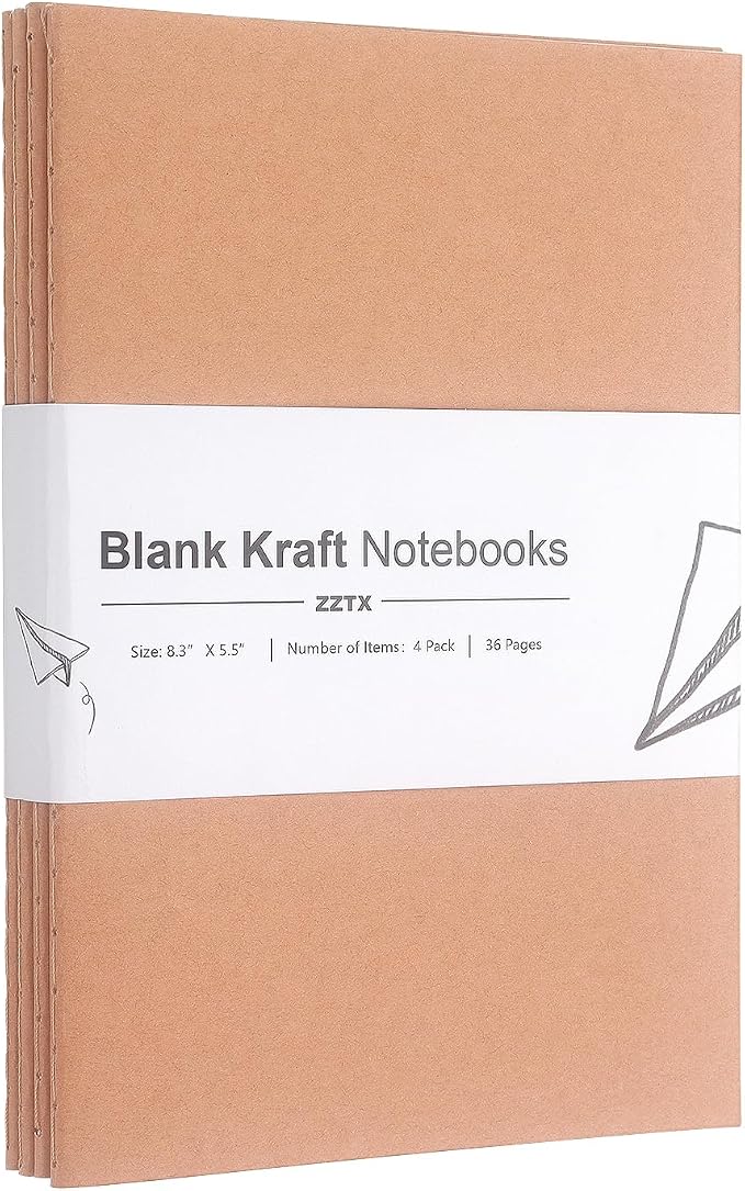 ZZTX 4 Pack Blank Kraft Notebooks A5, 36 Pages, 8.3 X 5.5 Inch