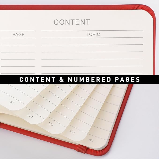 RETTACY Lined Journal Notebook, 192 Numbered Pages, A5 Size (5.7'' x 8.3'') | Leather Hardcover, 100 GSM Thick Paper, for Men & Women, Journaling, Writing, Work & Office (Red)