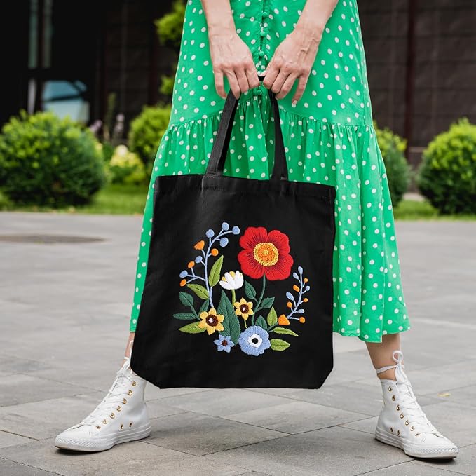 Louise Maelys Embroidery Kit Canvas Tote Bag with Floral Pattern DIY Crafts