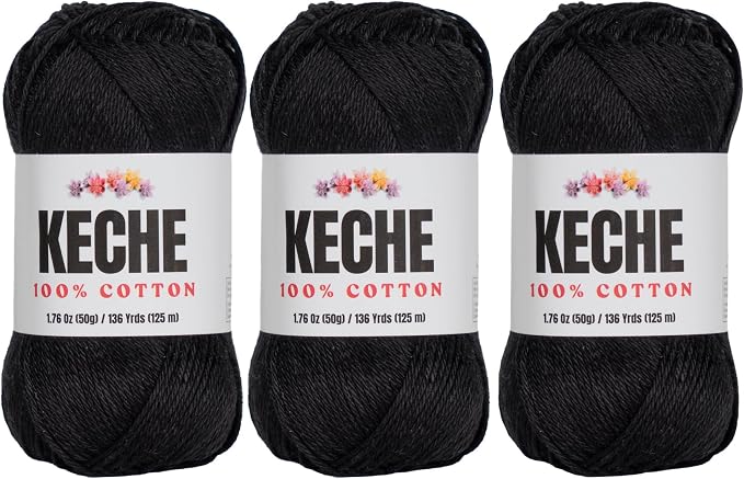 Cotton Yarn - 100% Cotton Yarn for Crocheting and Knitting, Mercerized Cotton Amigurumi Yarn Fine-Sport 2 1.76 oz (50g) / 136 Yrds (125 m) 3 Skeins - Black