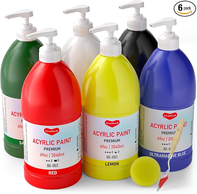 Smallbudi 6 Colors Large Bulk Acrylic Paint Set 69oz/2040ml for Artists | Rich Pigment Art Painting Supplies Non Toxic Acrylic Kit for Kid & Adult Painting on Canvas Wood Fabric Rock Craft, with Pump