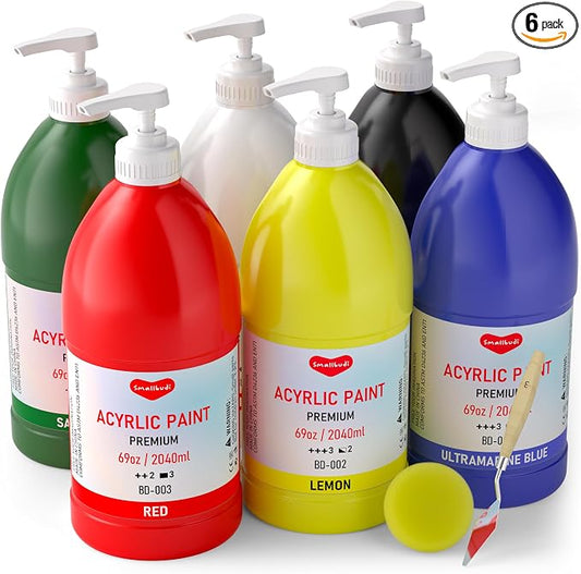 Smallbudi 6 Colors Large Bulk Acrylic Paint Set 69oz/2040ml for Artists | Rich Pigment Art Painting Supplies Non Toxic Acrylic Kit for Kid & Adult Painting on Canvas Wood Fabric Rock Craft, with Pump