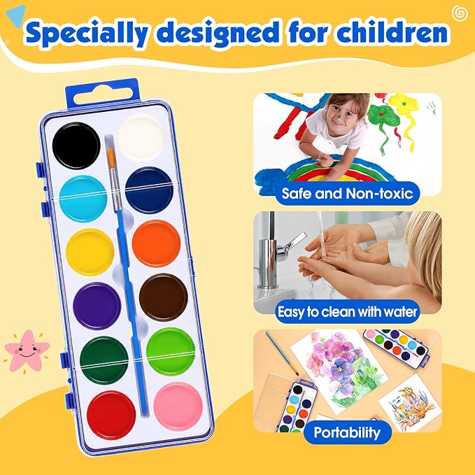 36 Pack Watercolor Paint Set Bulk, Washable Non-Toxic Water Colors for Kids | 12 Color Water Color Paint Set for Kids, Beginners and Adults, Water Paint with Paintbrush for Party Favor, Classroom