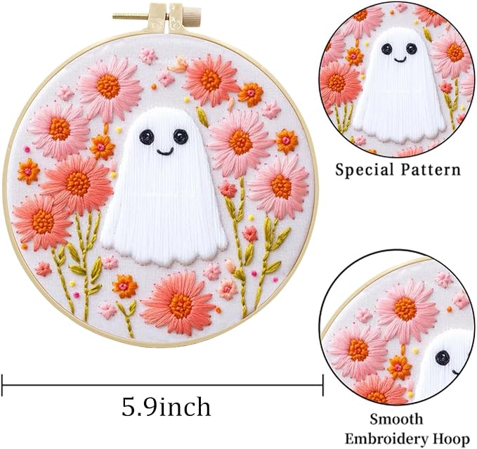 LB Pink Halloween Embroidery Kit for Beginners Adults, 3 Sets Hand Embroidery Starter Kit with Ghost Pattern and Instructions Stamped Cross Stitch Kits Include Embroidery Hoop Needles Threads Scissors