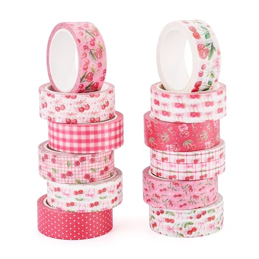 12 Rolls Pink Cherry Washi Scrapbook Tape 15mm Bible Tape Set