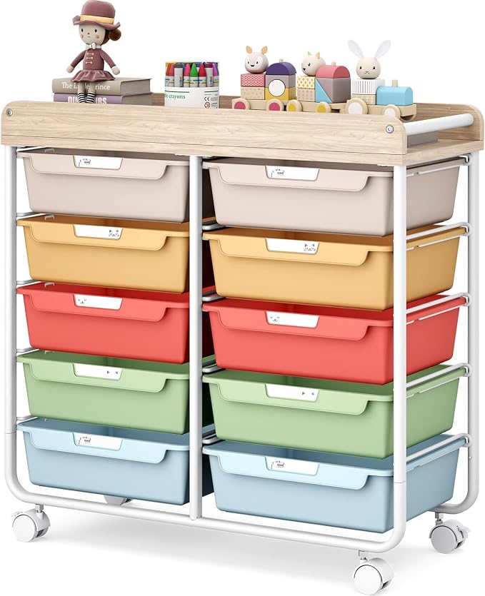 10 Drawer Rolling Storage Cart with Wood Top for Classroom Crafts Colorful | Easy Setup, Large Capacity, Sturdy Build, Lockable Mobility, For office, classroom and home supplies