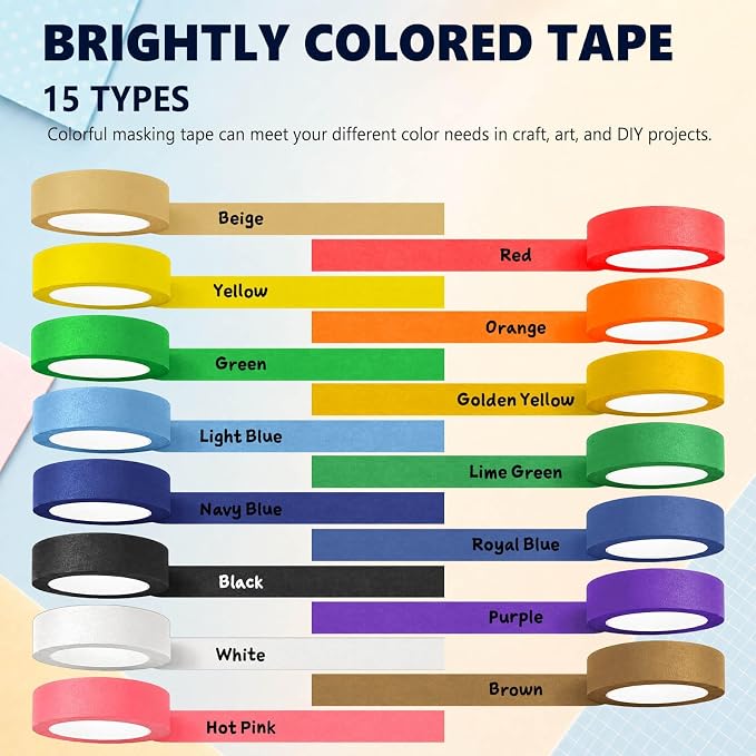 Piokio 15 Roll Multi Pack Colored Washi Tape | 492 Feet x 0.6 inch Wide, Rainbow Solid Color, Egg Decorating, DIY School Supplies, Decorative & Masking Tape