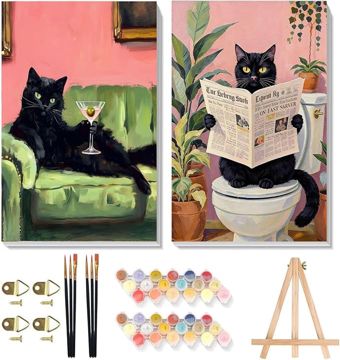 2 Pack Black Cat Framed Paint by Numbers Kit for Adults Beginner 8x12 inch | Black Cat Adult Paint by Number Kits on Canvas with Wooden Easel, Easy Acrylic Oil Painting Kits for Adults for Home Decor