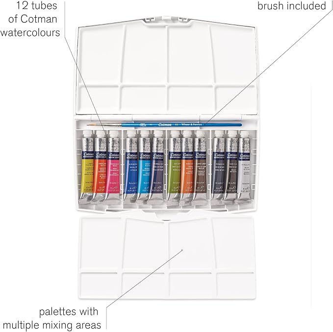 Winsor & Newton Cotman Watercolor Paint Set, 12 x 8ml Tube Travel Set | Watercolor Paint made with Fine Art Pigments, Transparent Color, Lightfast & Permanent, Good Tinting Strength