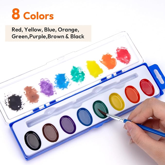 JEAWIWI 50 Pack Watercolor Paint Sets, 8 Washable Colors with Brushes
