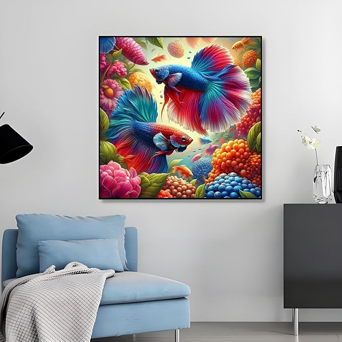 5D Fish Diamond Art Kits for Adult,Round Full Drill Wall Art 13.75x13.75In | DIY Diamond Painting Kits , Diamond Dots Gem Art Craft, Beginners Home Wall Decor