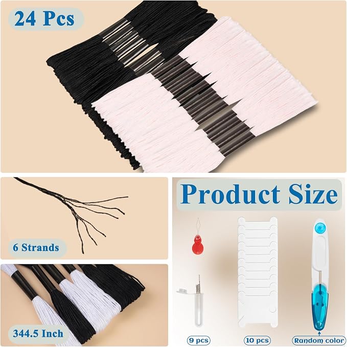 Amrules Friendship Bracelet String, 24 Pcs Embroidery Floss, Black & White | Including 344.5" Cotton Cross Stitch Thread, Hand Embroidery Thread for DIY Sewing and Embroidery Crafts Making with Tools