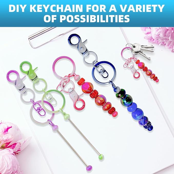 DNLEGULI 40 Pcs Beadable Keychains Bulk Kit – DIY Keychain Making Supplies with Metal Blanks for Crafts, Jewelry, Charms, Custom Projects – Blank Chain Bars for Beaded Keychain Design (Gradient)