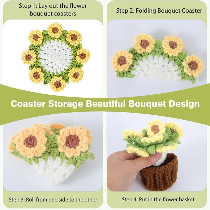 Sunflower Crochet Coasters Set - Knitted Cotton Flower Coaster | Mini Potted Plant Flower Decoration for Home Office Desk - Knitted Cotton Flowers Bouquet for Housewarming Gift Car Decor