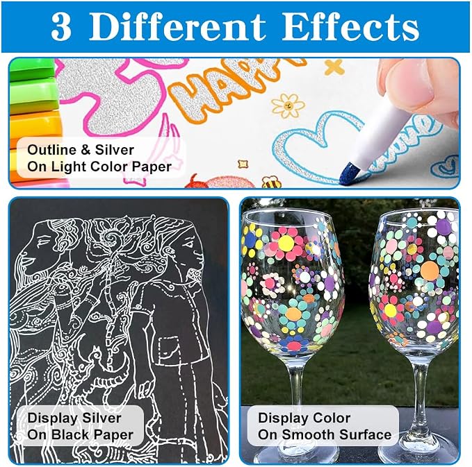 TRANSON 12pcs Outline Shimmering Markers with Metallic for Fun Art Drawing Craft DIY