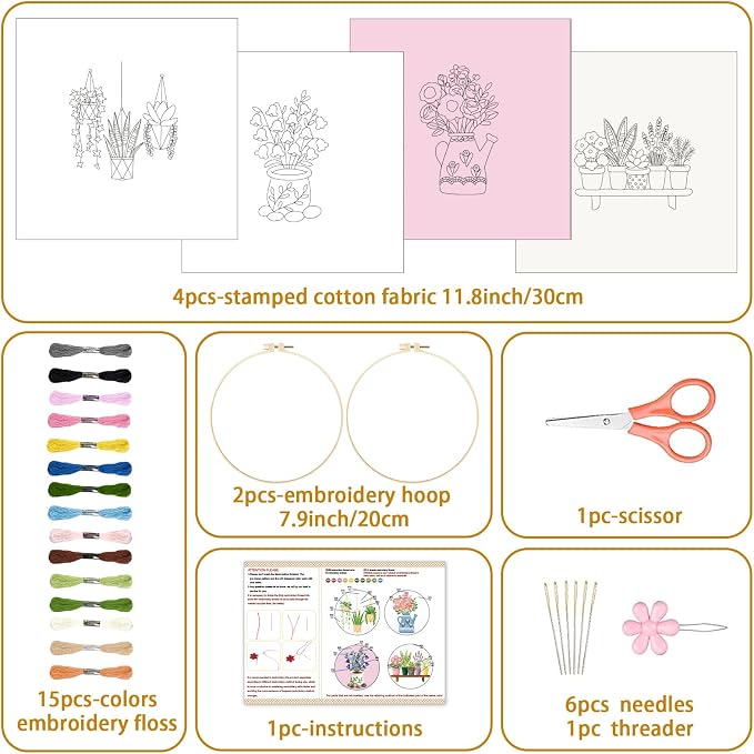 BEUNITONE 4 Set Embroidery Kit for Beginners, Vase Plants Cross Stitch Kits, Needlepoint Kits for Adults with Instructions and Full Kit, Creative Hand Embroidery Patterns for Cloth and Home Decor