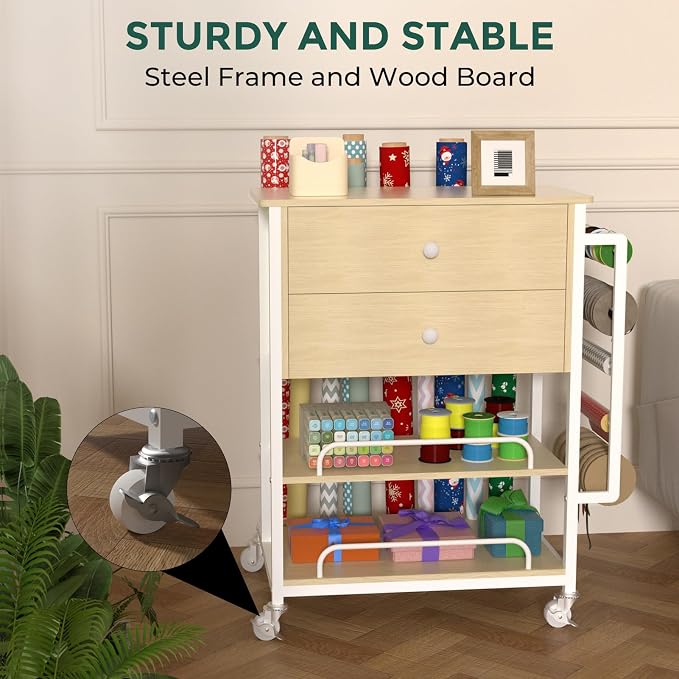 Wrapping Paper Storage & Organizer, Craft Cart with Ribbon & Gift Bag Storage, Wrapping Paper Organizer Holder(2 Wooden Drawers-Oak)