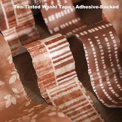 Tea-Dyed Scrapbook Washi Tape Set – 6 Rolls with Metal Clip, Torn Edge Brown Patterns Vintage Journal Collage Supplies for Junk Journal, Planner, Cardmaking & DIY Crafts