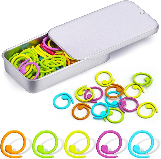 Jmuiiu Metal Stitch Markers, 50Pcs Spiral Metal Crochet Stitch Markers | Colorful Crochet Markers, Stitch Marker Ring for Knitting Crocheting Clothing Tag DIY Craft Project with Storage Box