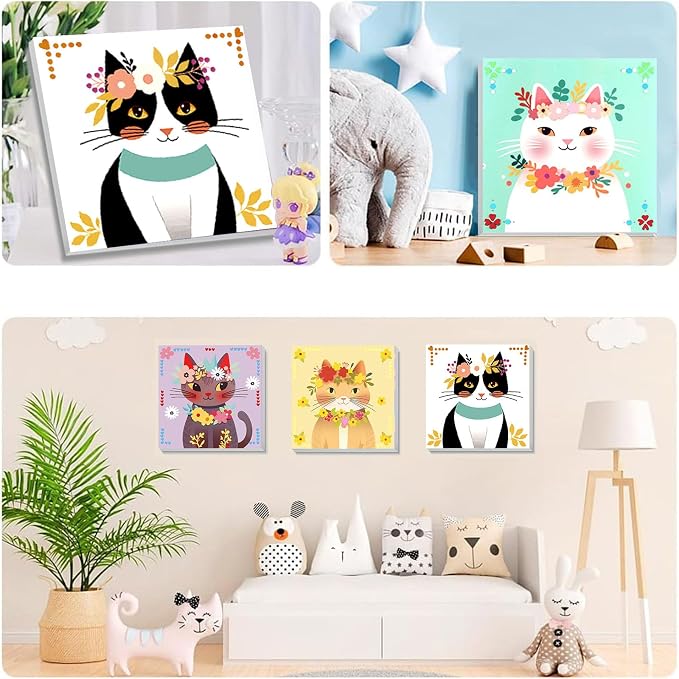 4 Pack Cat Paint by Number for Kids with Wooden Frame - Wooden Easel | Paint by Numbers for Kids Cats Ages 4-8-12, Easy Cat DIY Acrylic Oil Painting Kits for Home Wall Decor (8X8 inch)