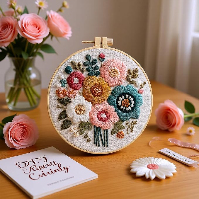 Embroidery Kit for Beginners & Adults Starter Kit, Cross Stitch Kits,DIY Hand Embroidery Needlepoint Set with Hoop, Pre-Printed Fabric, Threads and Instructions (Flower-2)