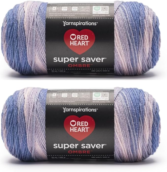 Red Heart Super Saver Ombre Yarn for Crocheting, Peaceful, 2-Pack | #4 Medium Worsted Weight 100% Acrylic Ombre Yarn for Blankets, Scarves, Hats, and Sweaters, 482 yards, 283g/10oz