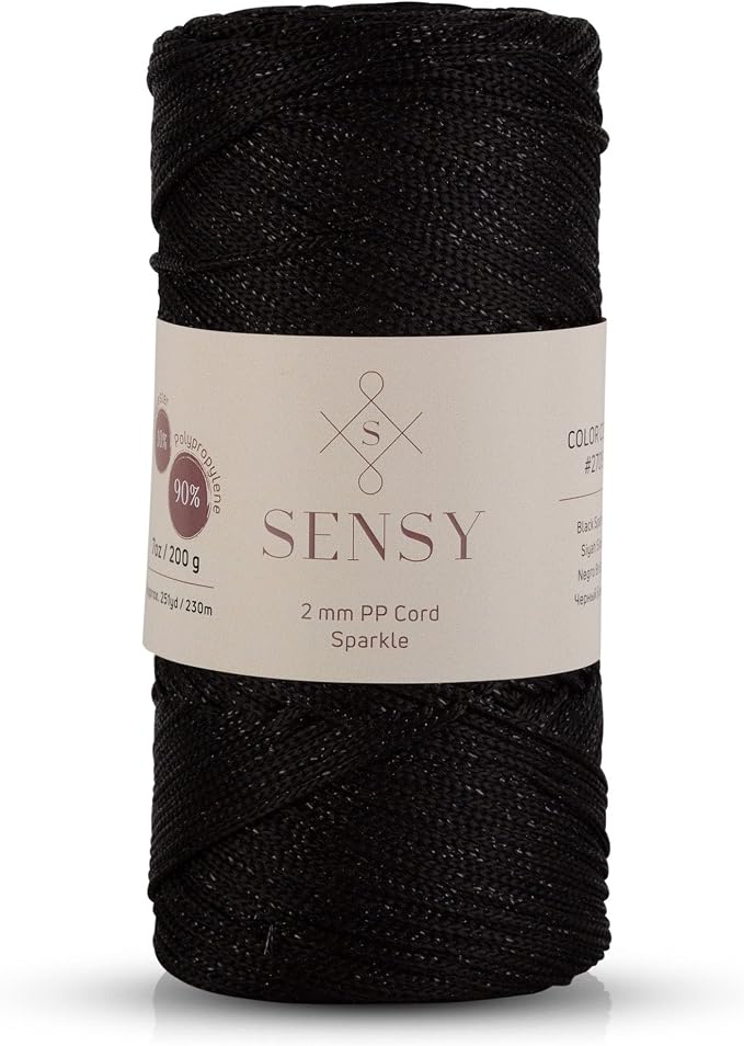 S Sensy 2mm Sparkle-Premium Polypropylene Macrame Cord Black Sparkle 252yds